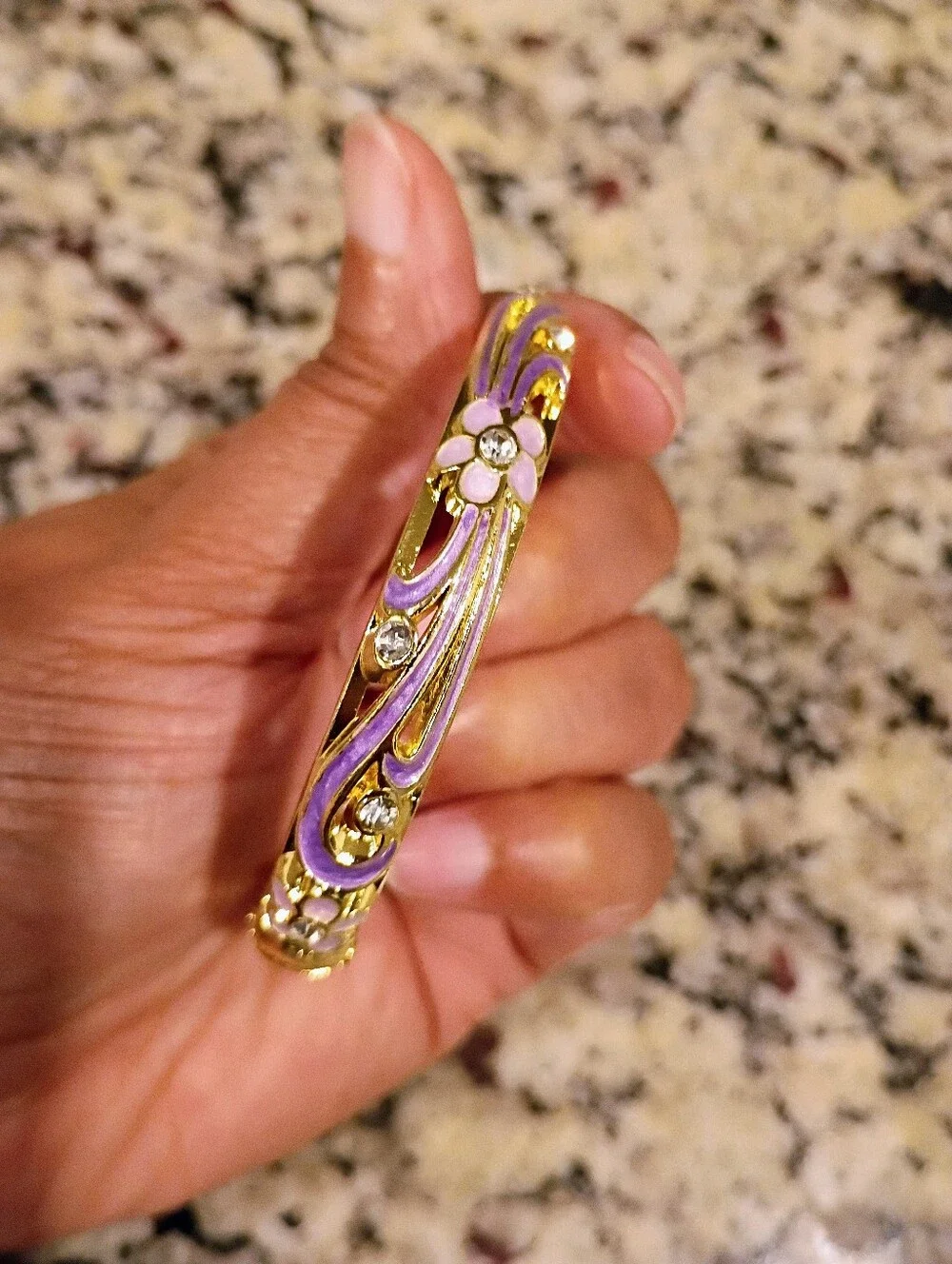New Gold Tone Purple Floral Enamel Bangle Bracelet